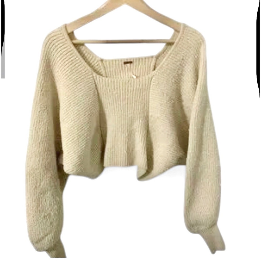 Free People Distressed Cream Cropped Square‎ Neck Balloon Sleeve Sweater Size M